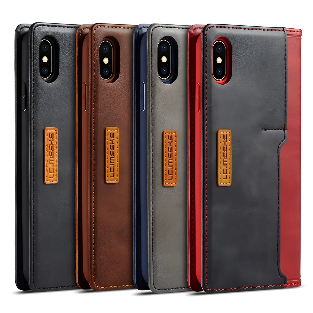 Flip-style iPhone wallet case in black with card slots open showing card storage