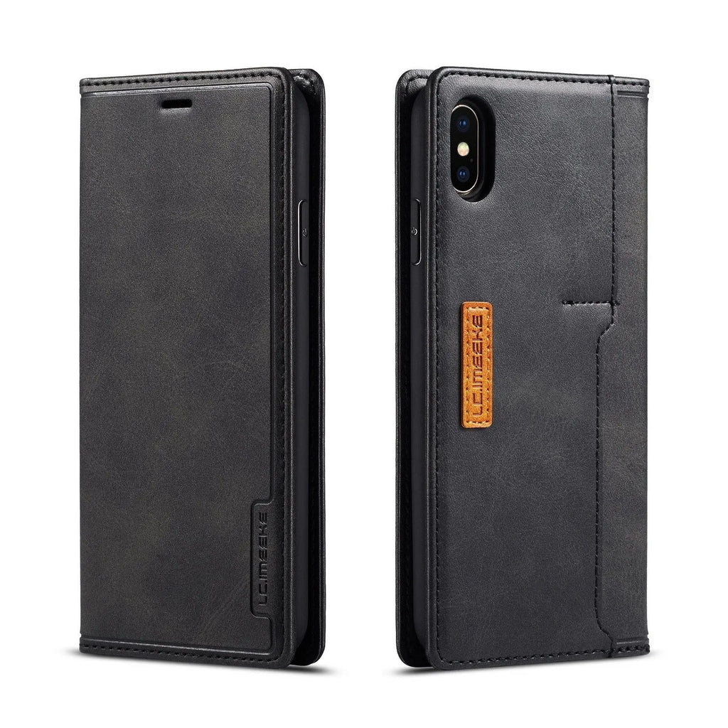 Flip-style iPhone wallet case in black with card slots open showing card storage