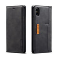 Flip-style iPhone wallet case in black with card slots open showing card storage