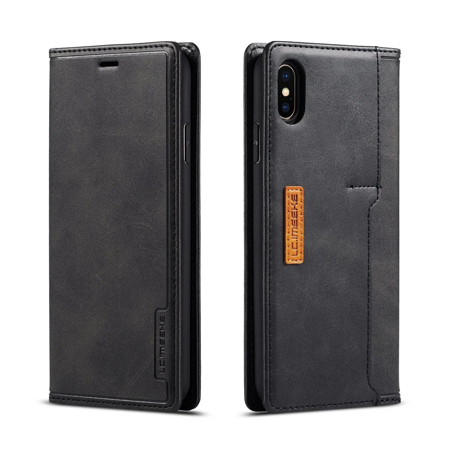 Flip-style iPhone wallet case in black with card slots open showing card storage