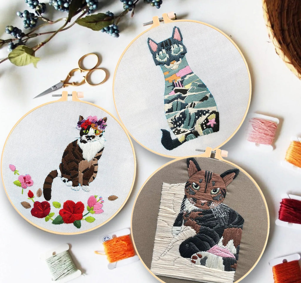 Three-dimensional European embroidery kit with cat designs for beginners including stretch frame