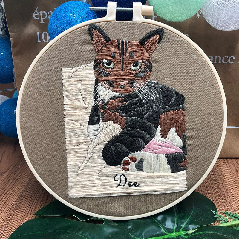 Three-dimensional European embroidery kit with cat designs for beginners including stretch frame