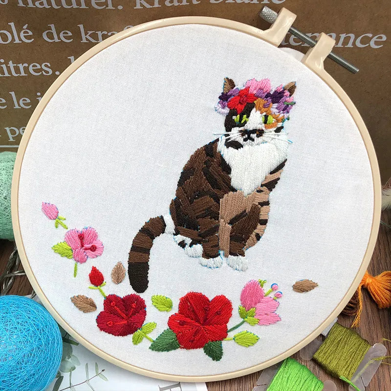 Three-dimensional European embroidery kit with cat designs for beginners including stretch frame