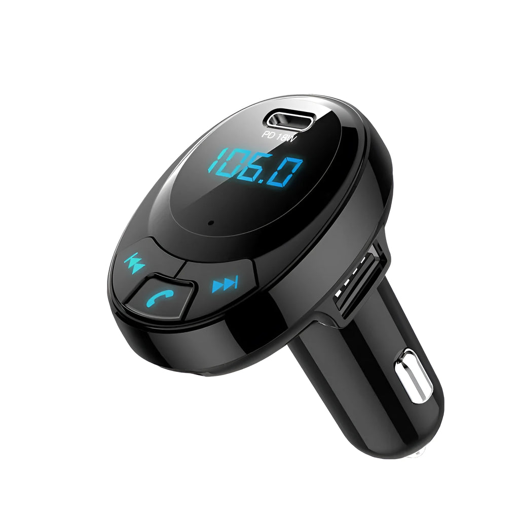 Black car Bluetooth MP3 charger with digital display and dual USB ports plugged into cigarette lighter