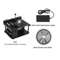 Black miniature precision table saw with sliding table and 110mm blade on a workbench.
