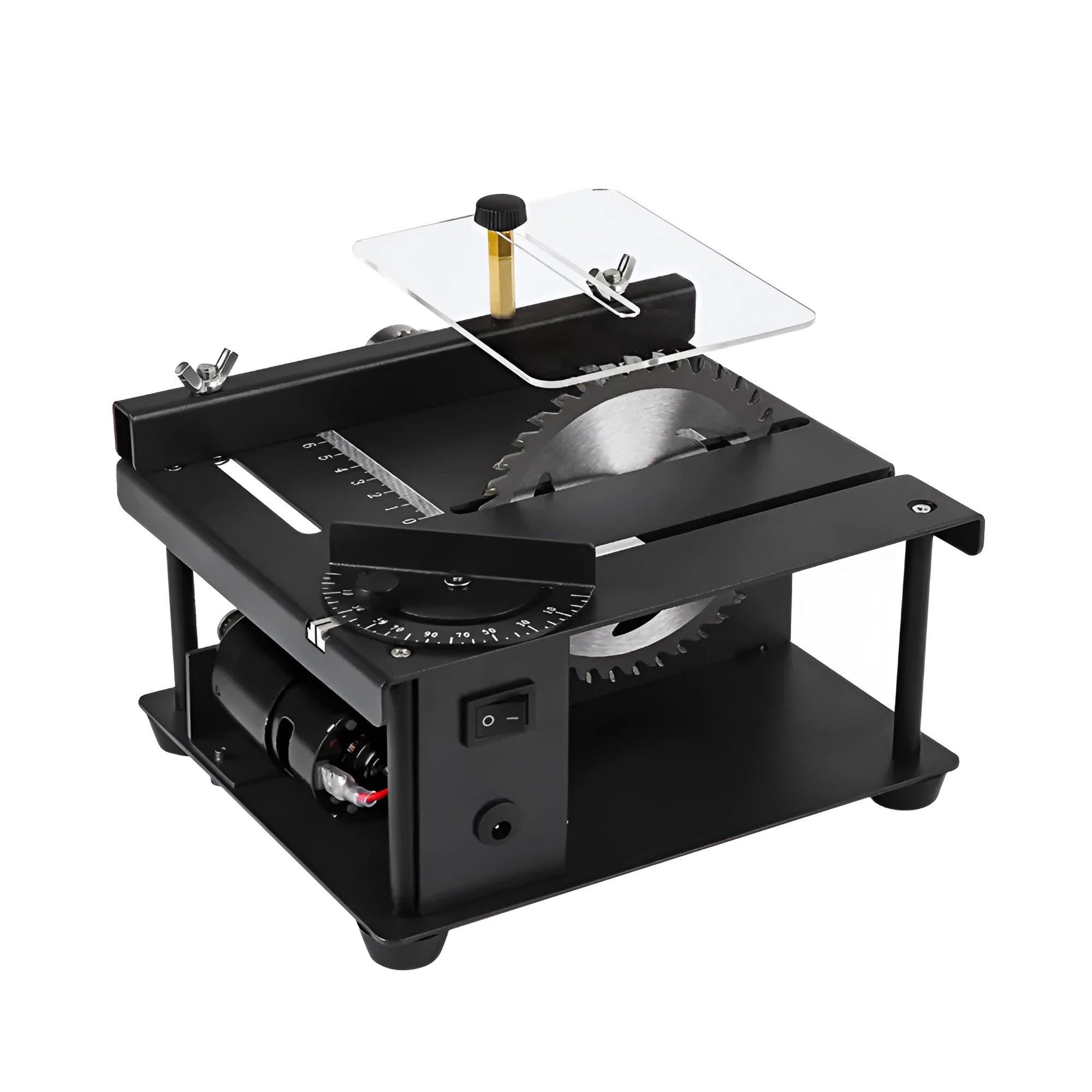 Black miniature precision table saw with sliding table and 110mm blade on a workbench.