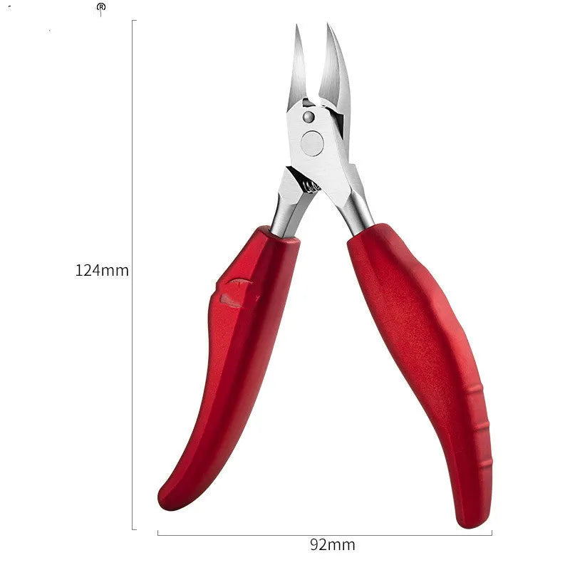 Stainless steel nail clippers with red, blue, black, and silver ABS plastic handles.