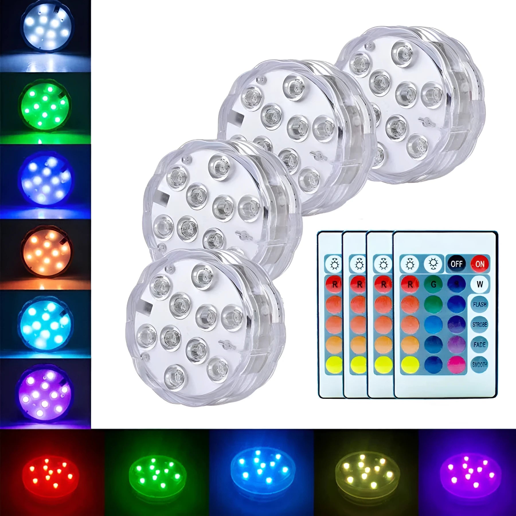 White waterproof LED pool light with remote control on a table