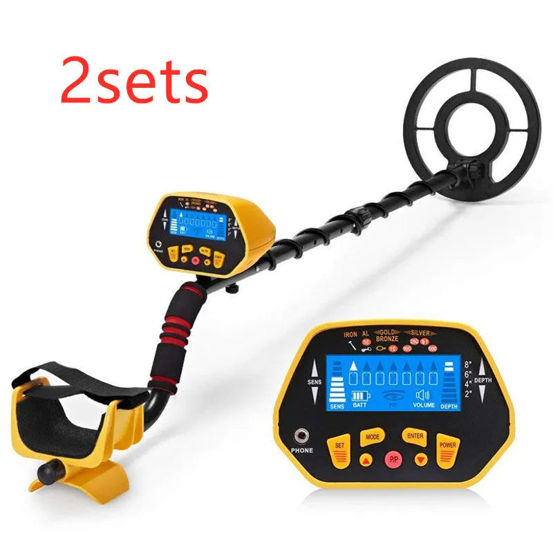 GC1028 black and yellow professional metal detector with LCD screen and adjustable pole.