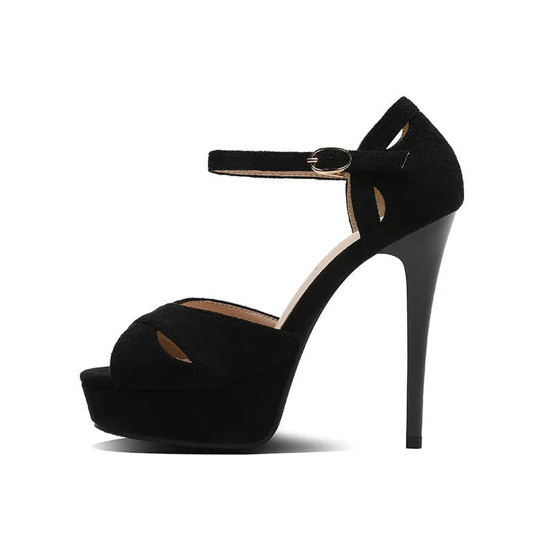Black Roman style stiletto high heel sandals with fish mouth toe and waterproof platform