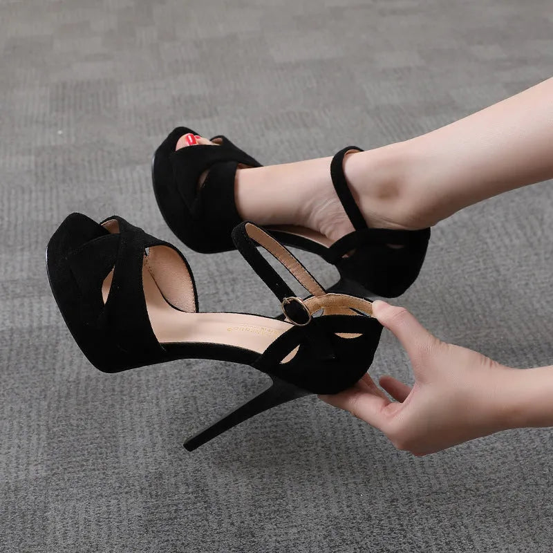 Black Roman style stiletto high heel sandals with fish mouth toe and waterproof platform