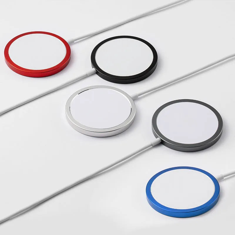 Silver metal Magsafe compatible magnetic wireless charger for iPhone with USB cable