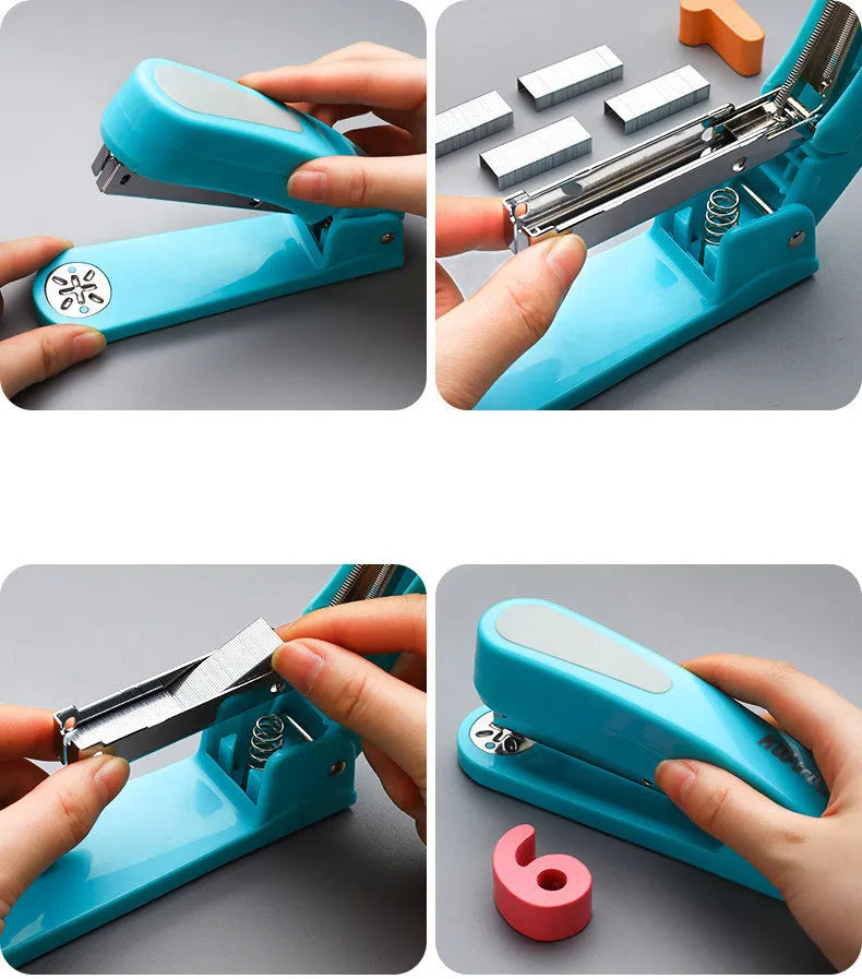 360-degree rotatable desktop stapler in colour options showing rotating head and paper feed