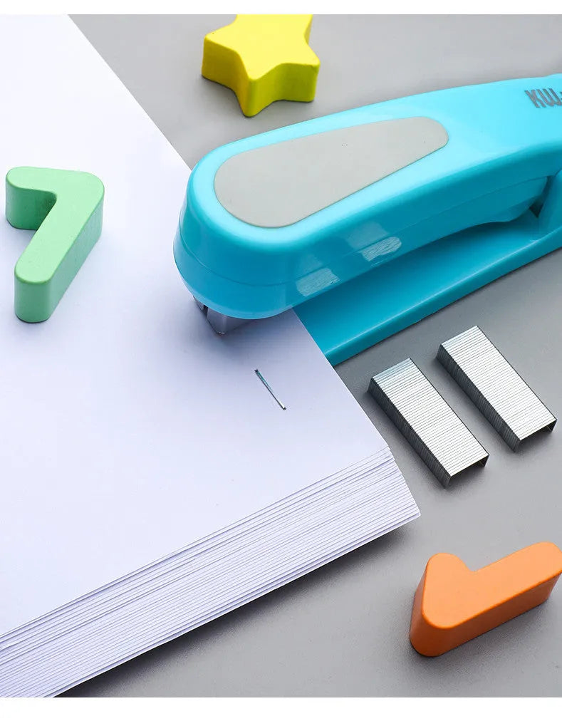 360-degree rotatable desktop stapler in colour options showing rotating head and paper feed