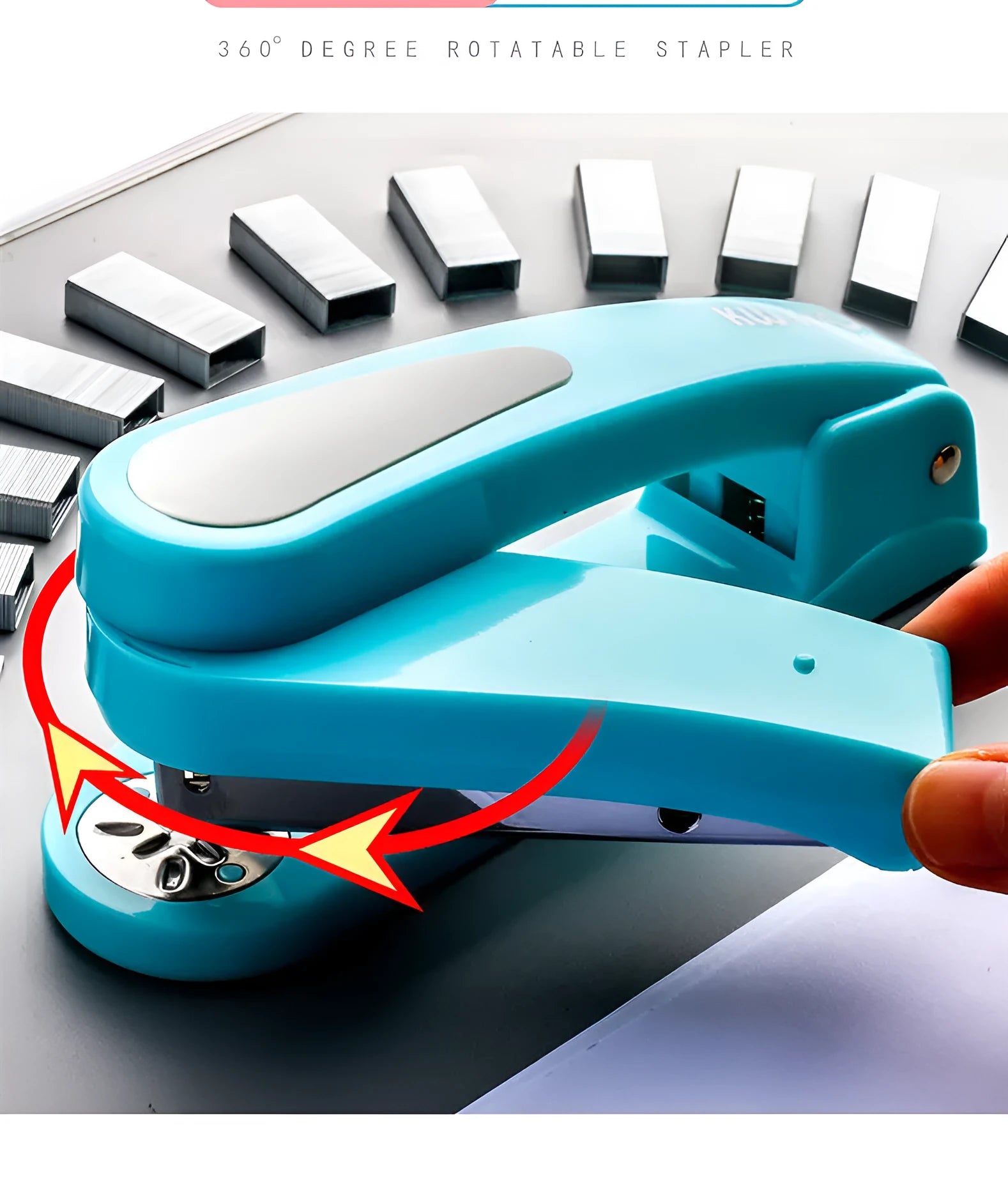 360-degree rotatable desktop stapler in colour options showing rotating head and paper feed