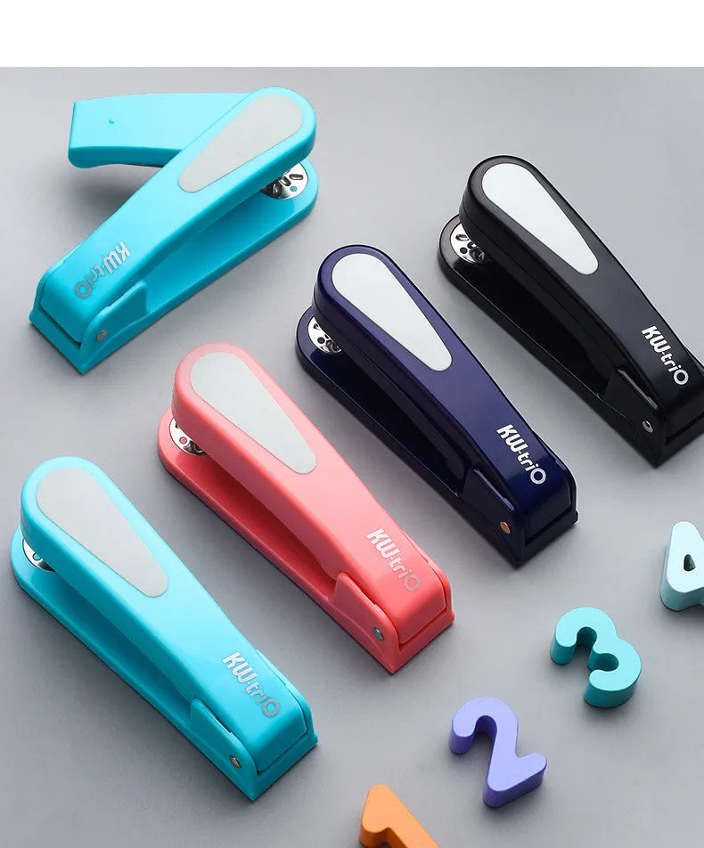 360-degree rotatable desktop stapler in colour options showing rotating head and paper feed