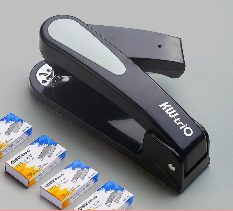 360-degree rotatable desktop stapler in colour options showing rotating head and paper feed