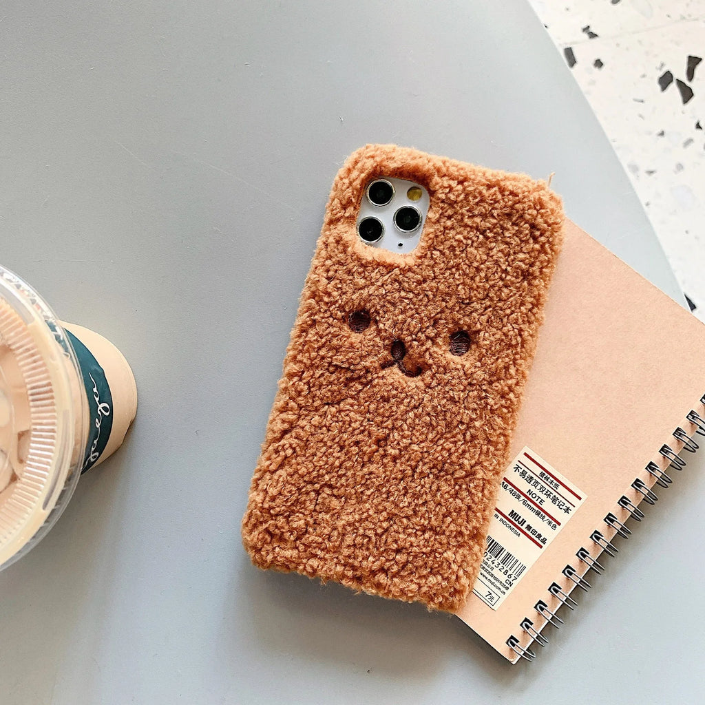 Embroidery plush cartoon bear phone case for iPhone with brown or white three-dimensional bear face design