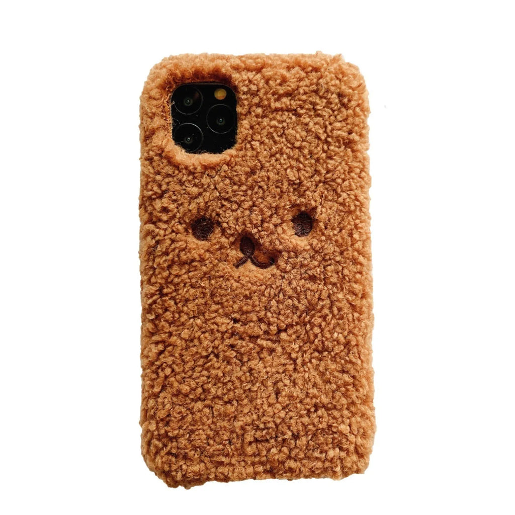 Embroidery plush cartoon bear phone case for iPhone with brown or white three-dimensional bear face design