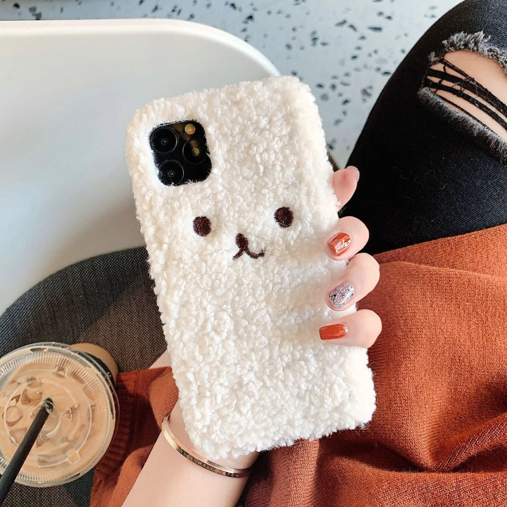 Embroidery plush cartoon bear phone case for iPhone with brown or white three-dimensional bear face design
