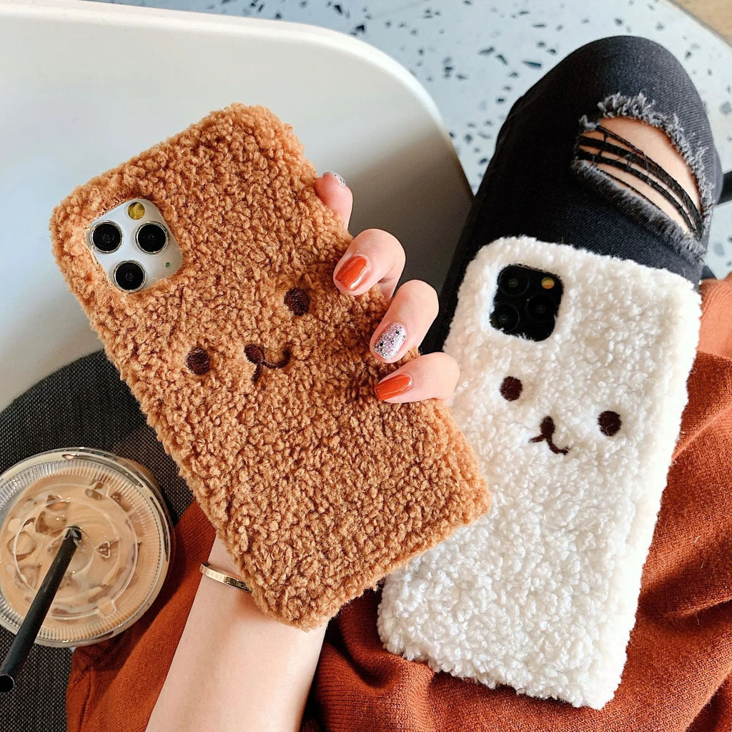 Embroidery plush cartoon bear phone case for iPhone with brown or white three-dimensional bear face design