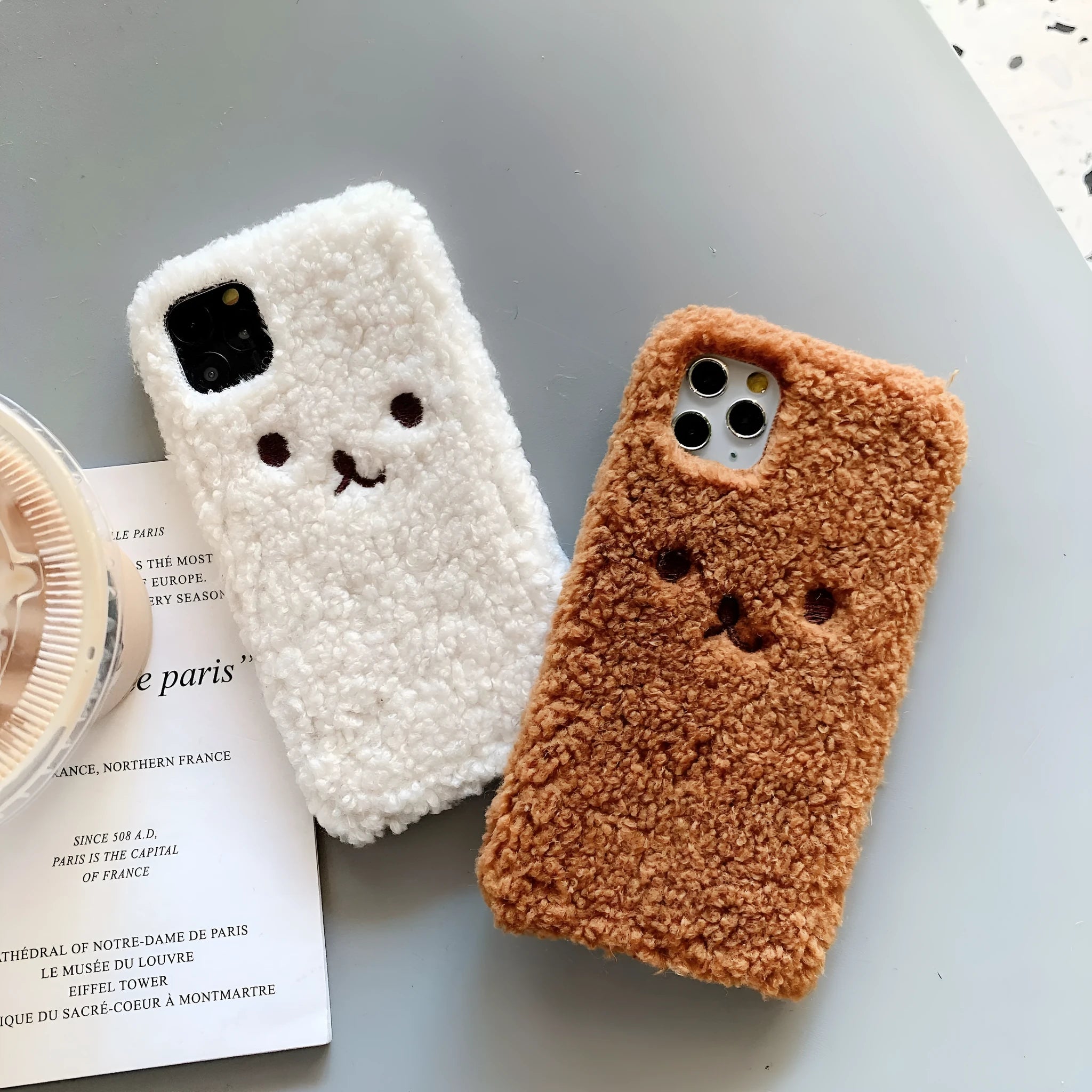 Embroidery plush cartoon bear phone case for iPhone with brown or white three-dimensional bear face design