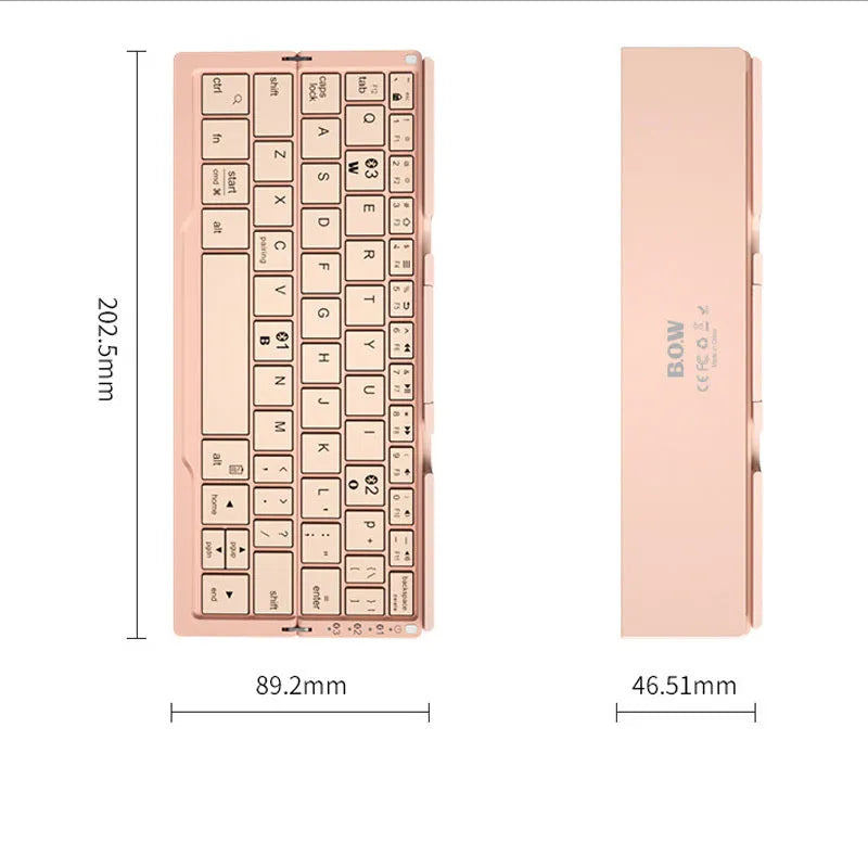 Aluminium folding Bluetooth keyboard in silver white colour showing open typing position and compact folded size