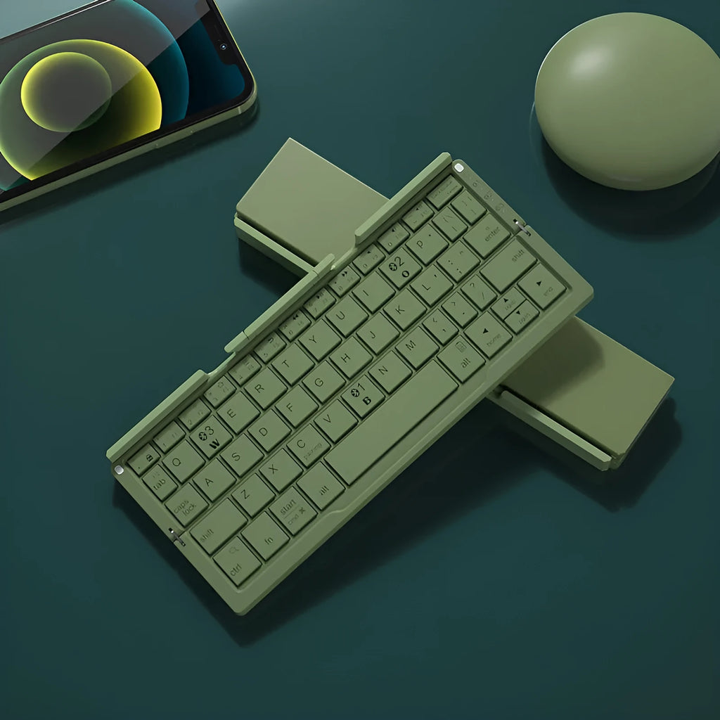 Aluminium folding Bluetooth keyboard in silver white colour showing open typing position and compact folded size