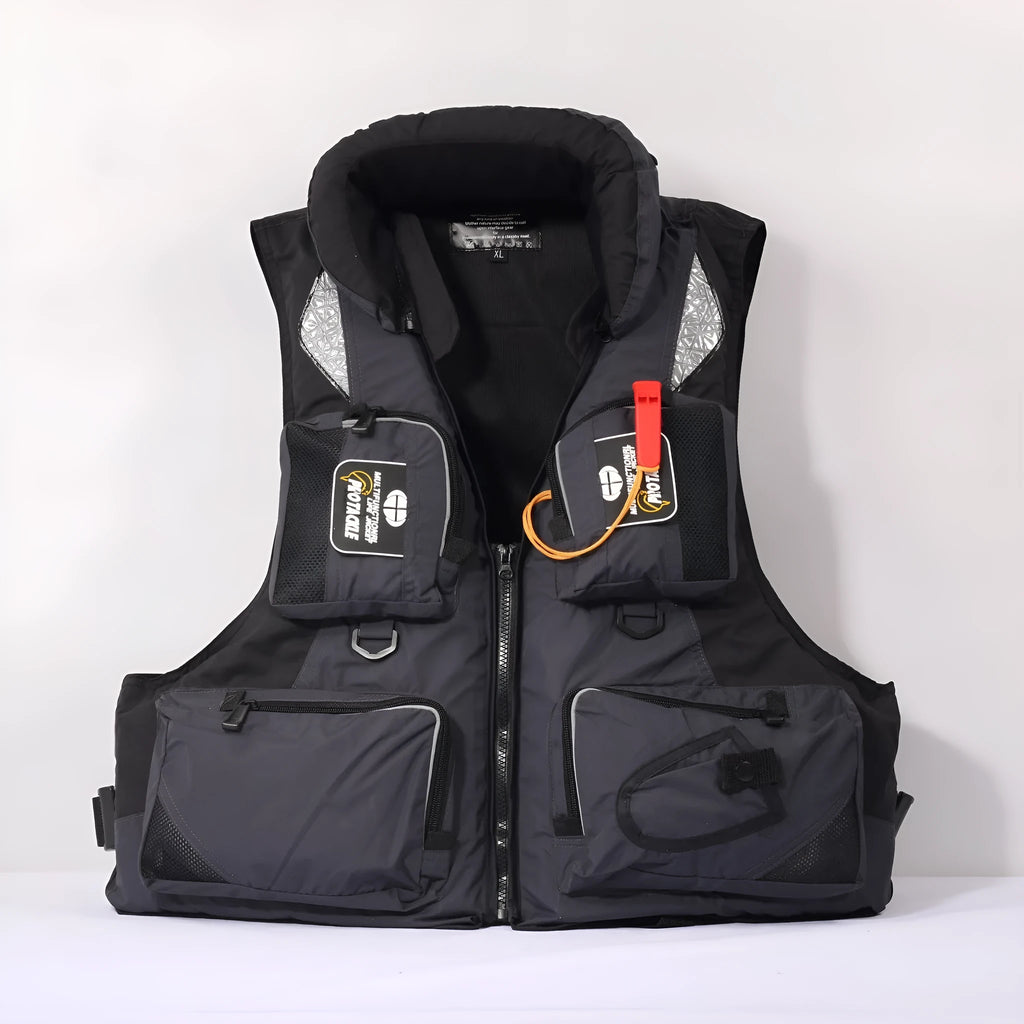 Sea fishing life jacket waistcoat in green with multiple pockets and reflective strips