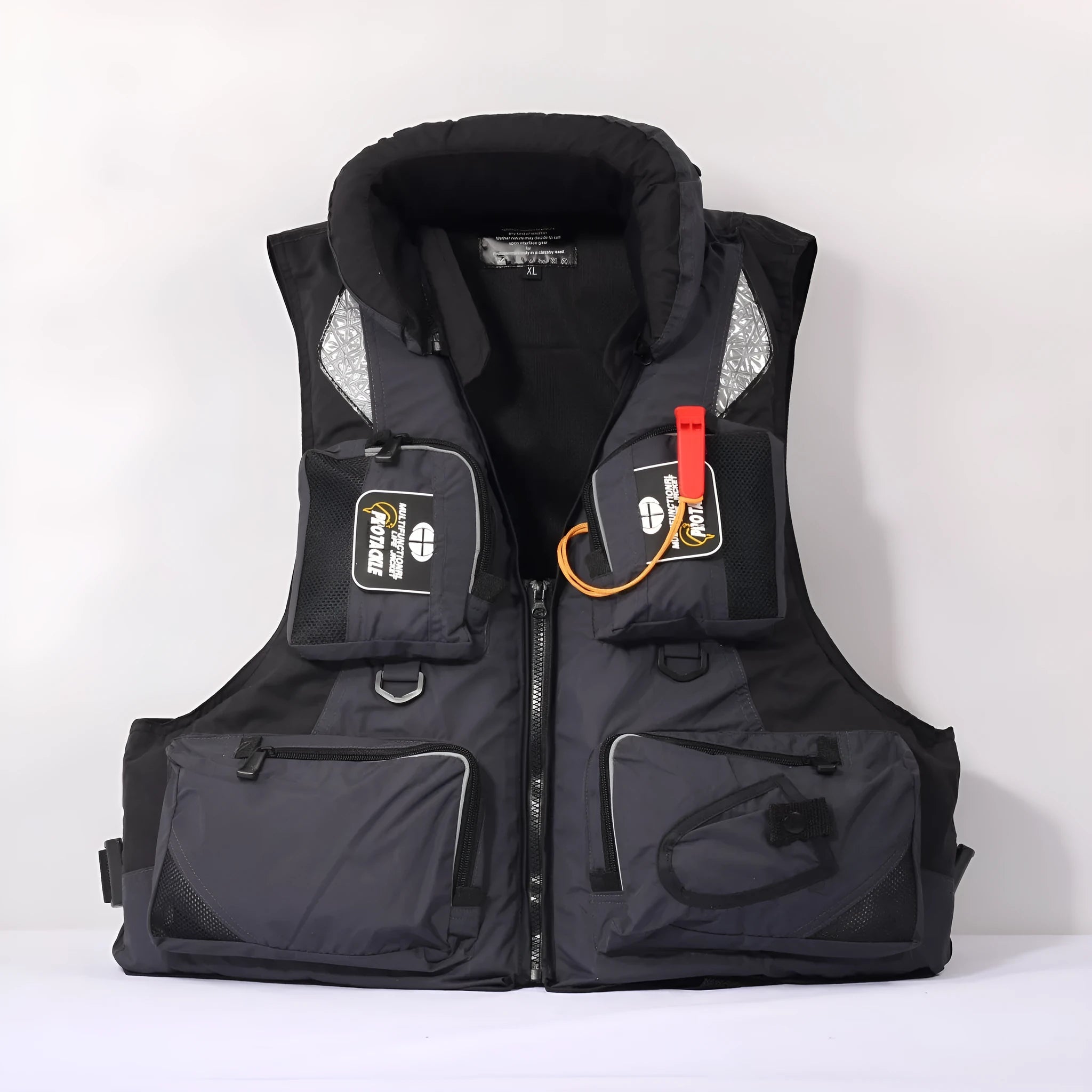Sea fishing life jacket waistcoat in green with multiple pockets and reflective strips