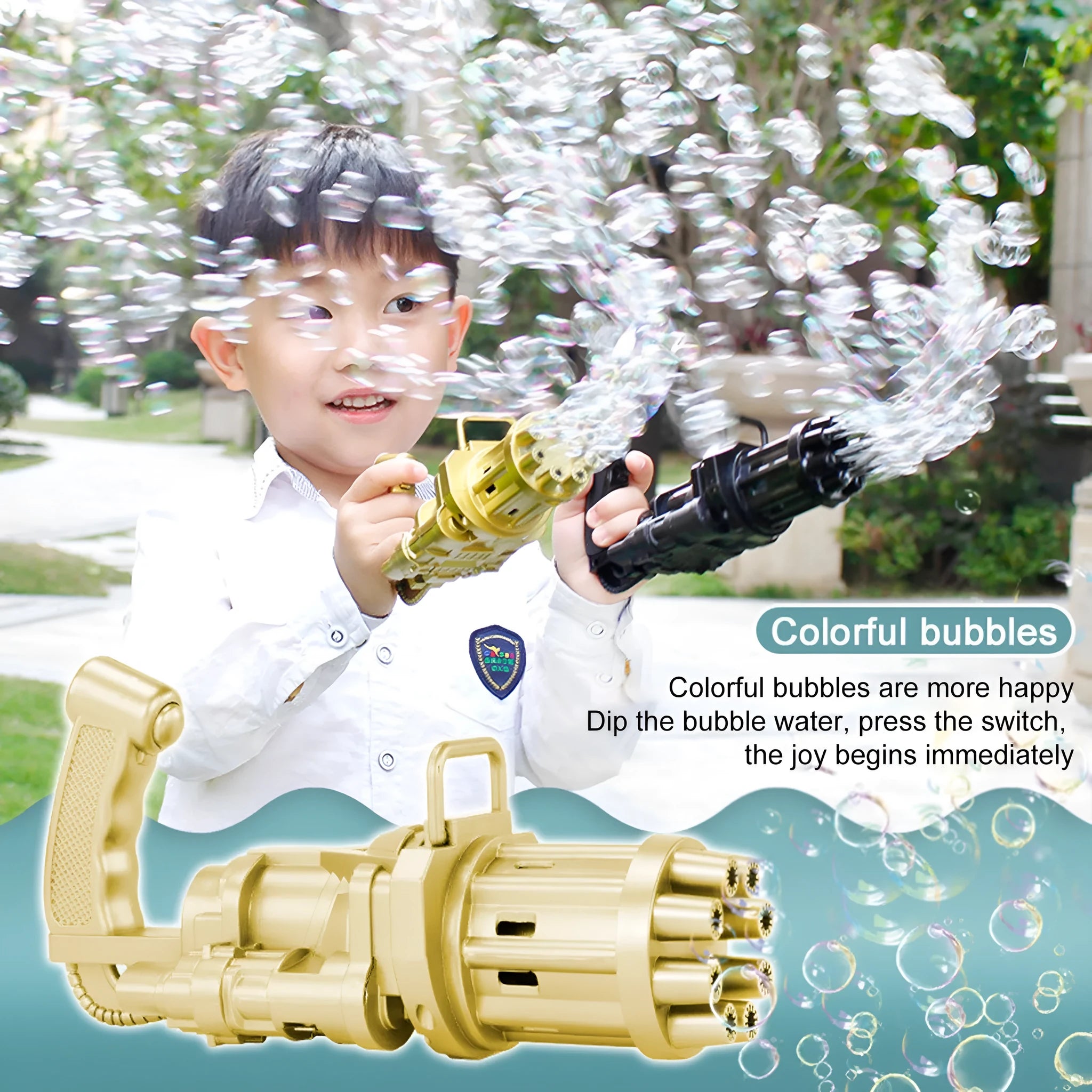 Children's bubble gun toy in pink, gold or black colours with trigger and bubble head, showing 2-in-1 fan function.