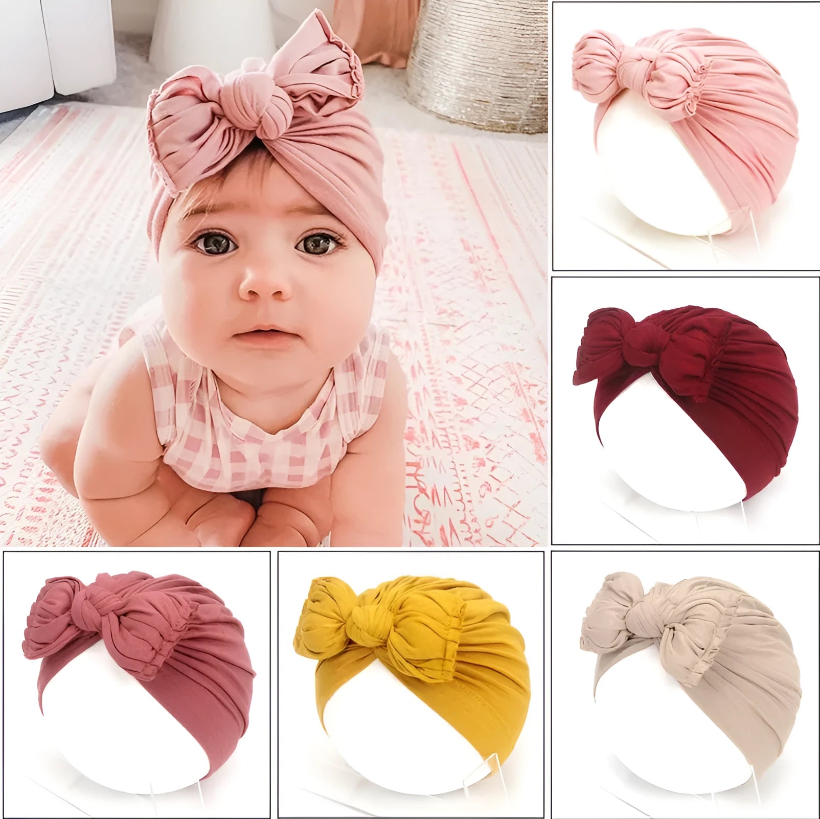 Soft knitted acrylic baby girl turban hat in a solid colour, shown on an infant.