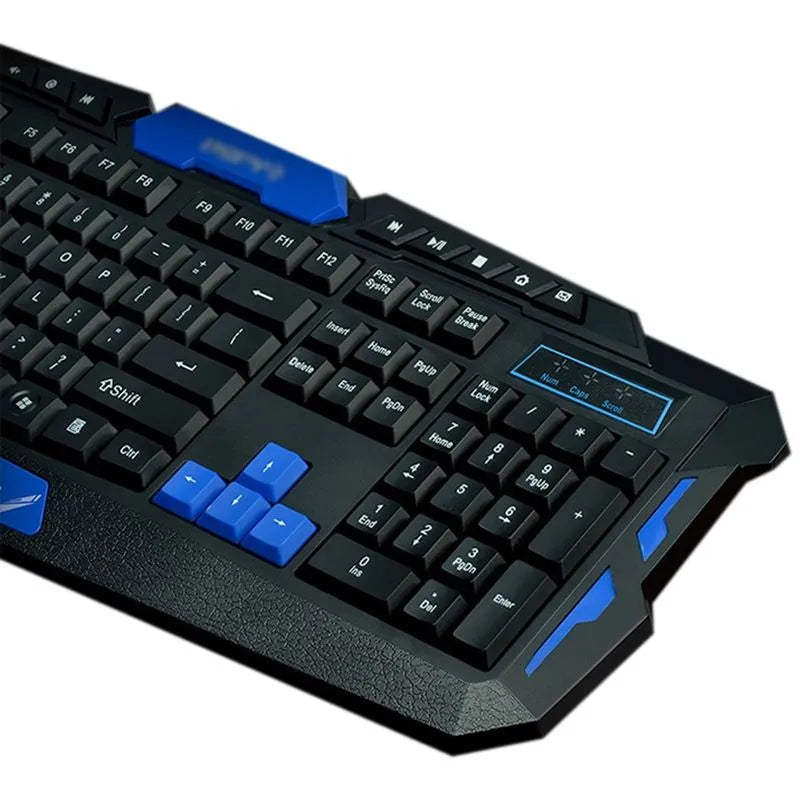 Black and blue wireless keyboard and mouse set on a desk, showing compact 48cm keyboard and ergonomic mouse.