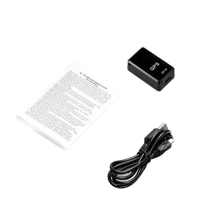 Black magnetic GPS car tracker device with compact rectangular design and USB charging port