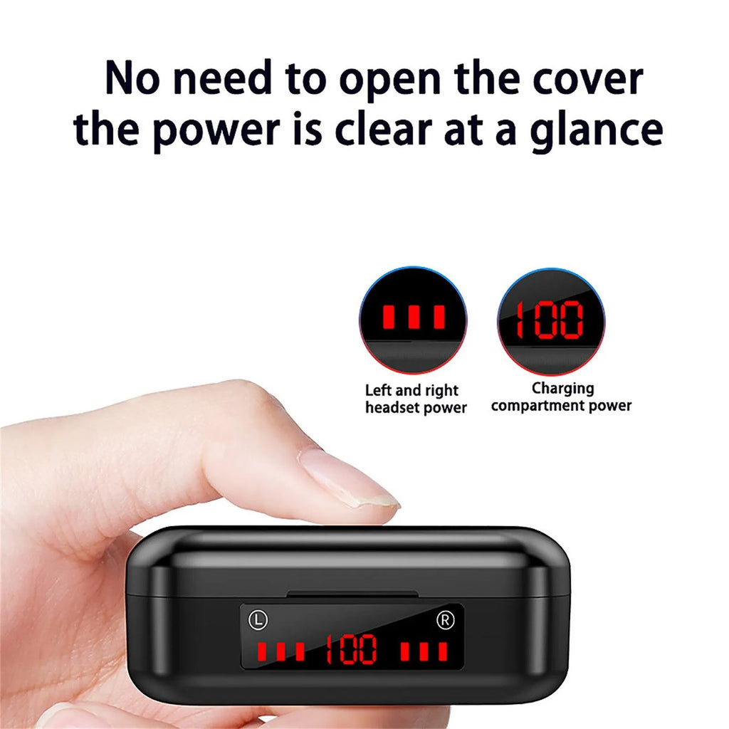 V7 LED button version wireless Bluetooth earbuds with charging case and ear caps.