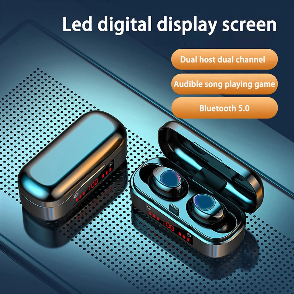 V7 LED button version wireless Bluetooth earbuds with charging case and ear caps.