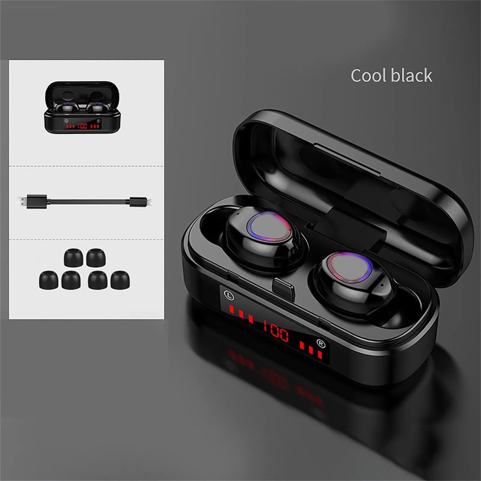 V7 LED button version wireless Bluetooth earbuds with charging case and ear caps.