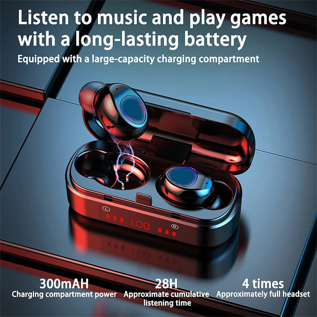 V7 LED button version wireless Bluetooth earbuds with charging case and ear caps.