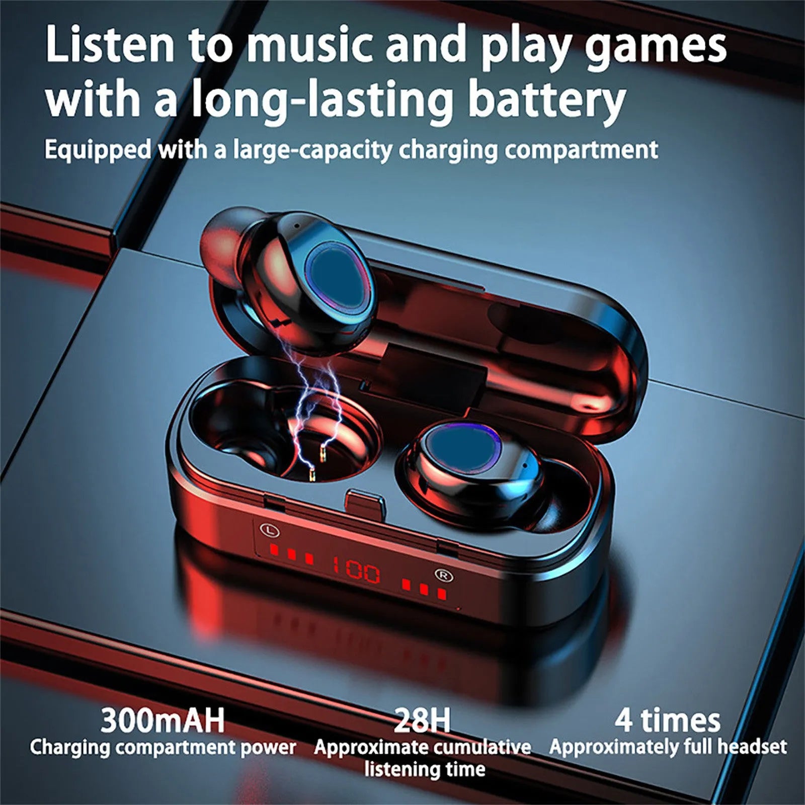 V7 LED button version wireless Bluetooth earbuds with charging case and ear caps.