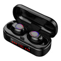 V7 LED button version wireless Bluetooth earbuds with charging case and ear caps.