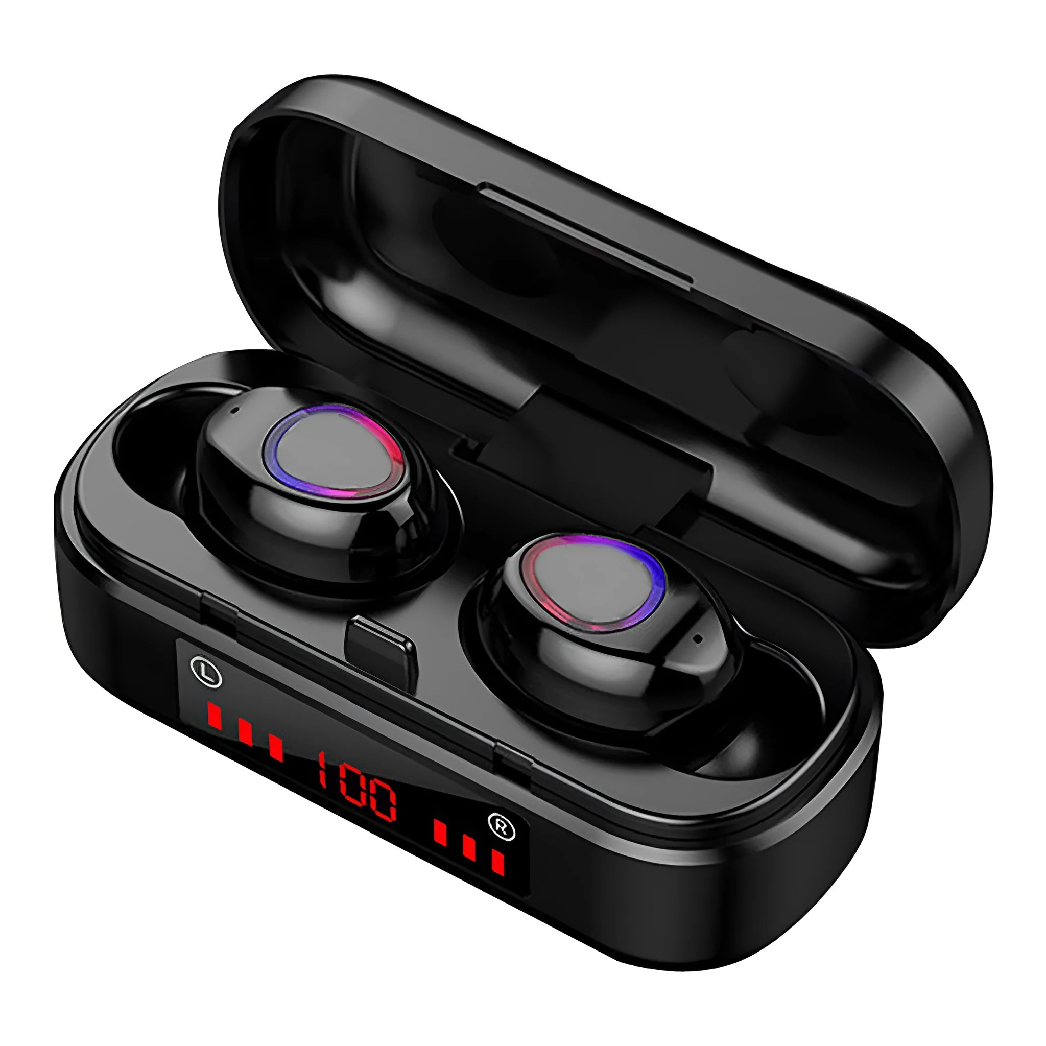 V7 LED button version wireless Bluetooth earbuds with charging case and ear caps.