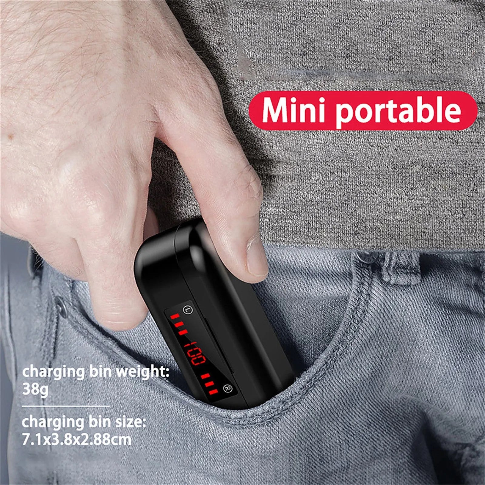 V7 LED button version wireless Bluetooth earbuds with charging case and ear caps.