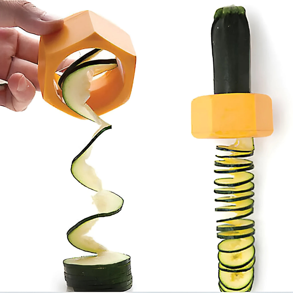 Yellow and green plastic spiral vegetable cutter for cucumbers measuring 8cm diameter