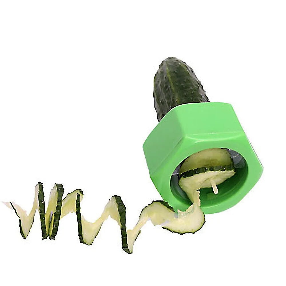 Yellow and green plastic spiral vegetable cutter for cucumbers measuring 8cm diameter