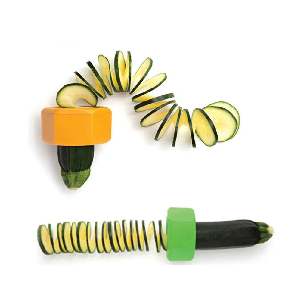 Yellow and green plastic spiral vegetable cutter for cucumbers measuring 8cm diameter