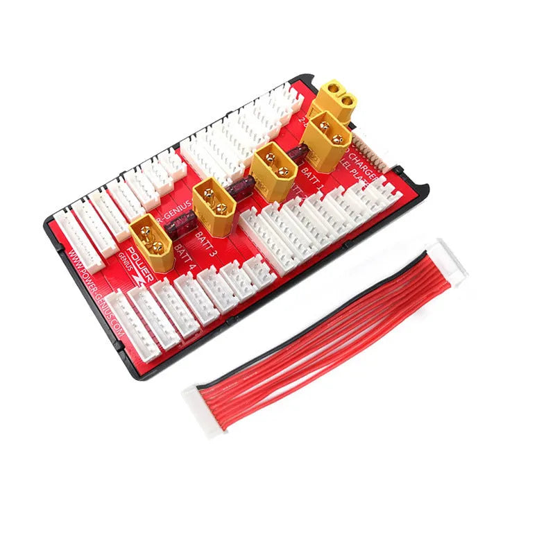 Red parallel charging board with four sets of T plug and balance ports for lithium batteries.