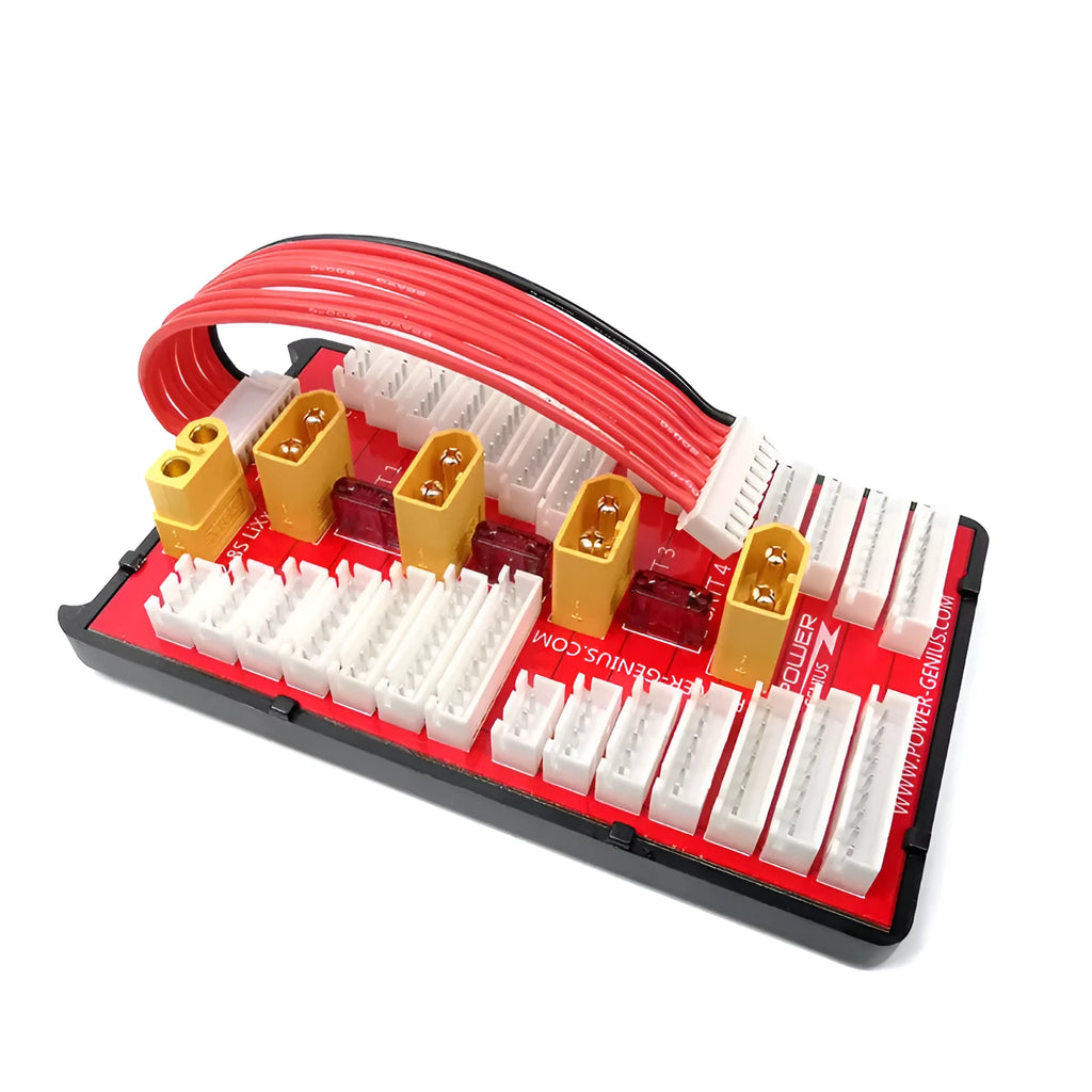 Red parallel charging board with four sets of T plug and balance ports for lithium batteries.