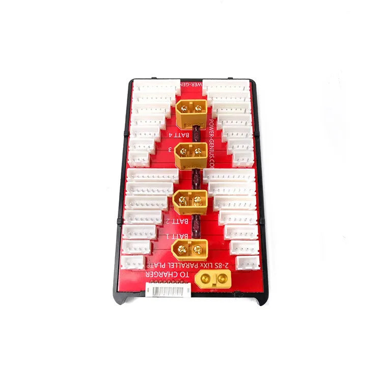 Red parallel charging board with four sets of T plug and balance ports for lithium batteries.