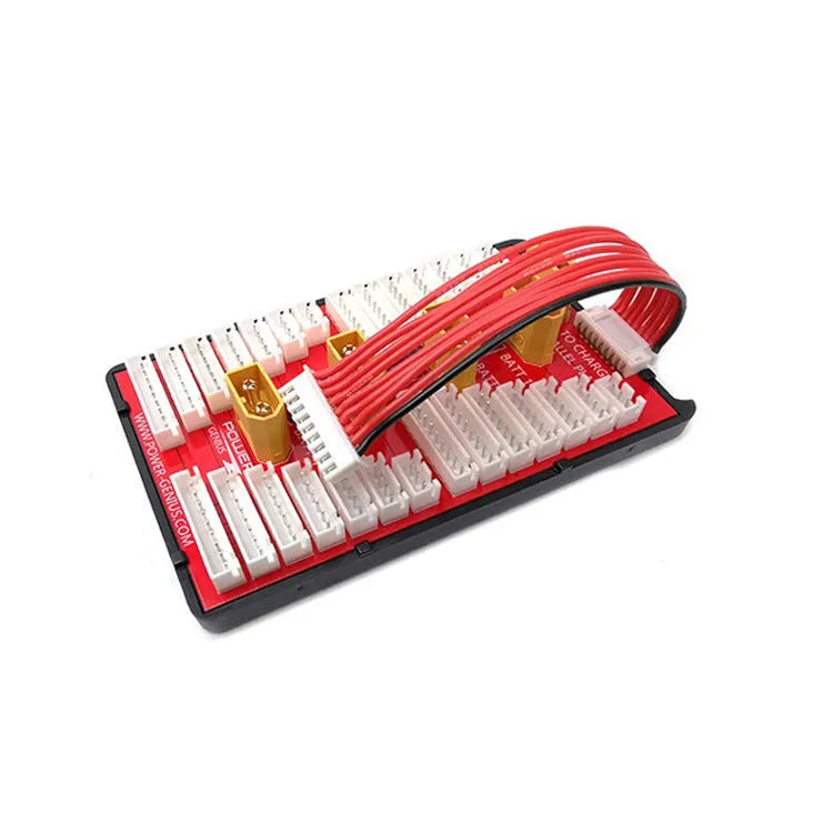 Red parallel charging board with four sets of T plug and balance ports for lithium batteries.