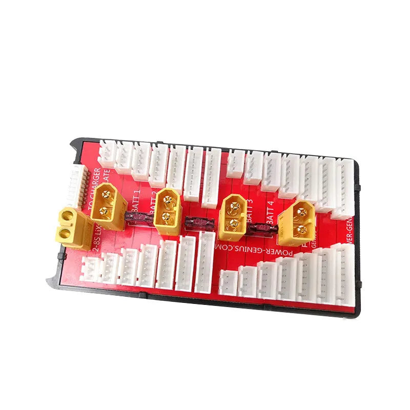 Red parallel charging board with four sets of T plug and balance ports for lithium batteries.